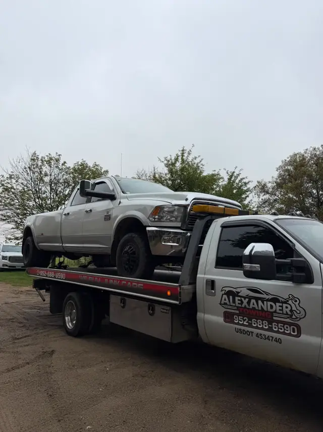 Heavy duty Ram dually pickup towed in Minnesota